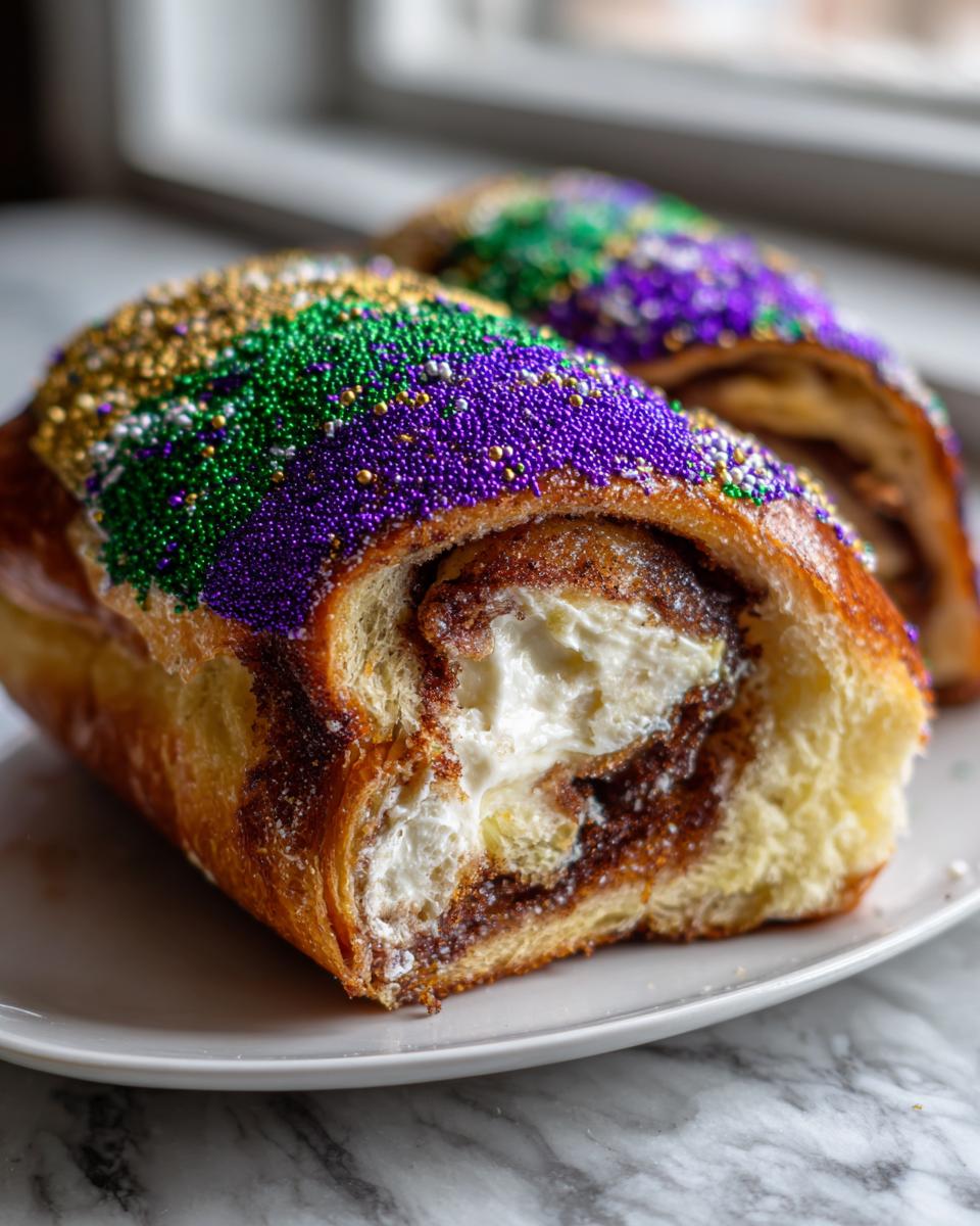Close-up of a sliced king cake showing rich cream cheese filling and purple, green, and gold Mardi Gras sprinkles.