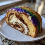 A close-up slice of a rich king cake filled with cream cheese and cinnamon swirl, topped with purple, green, and gold Mardi Gras sprinkles.