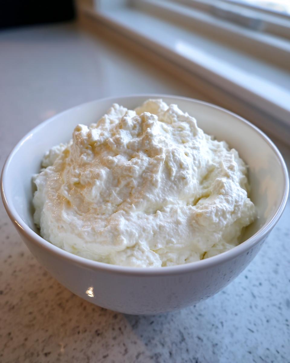 Close-up of a white bowl filled with a thick, creamy white mixture, likely the base for blue cheese dip.