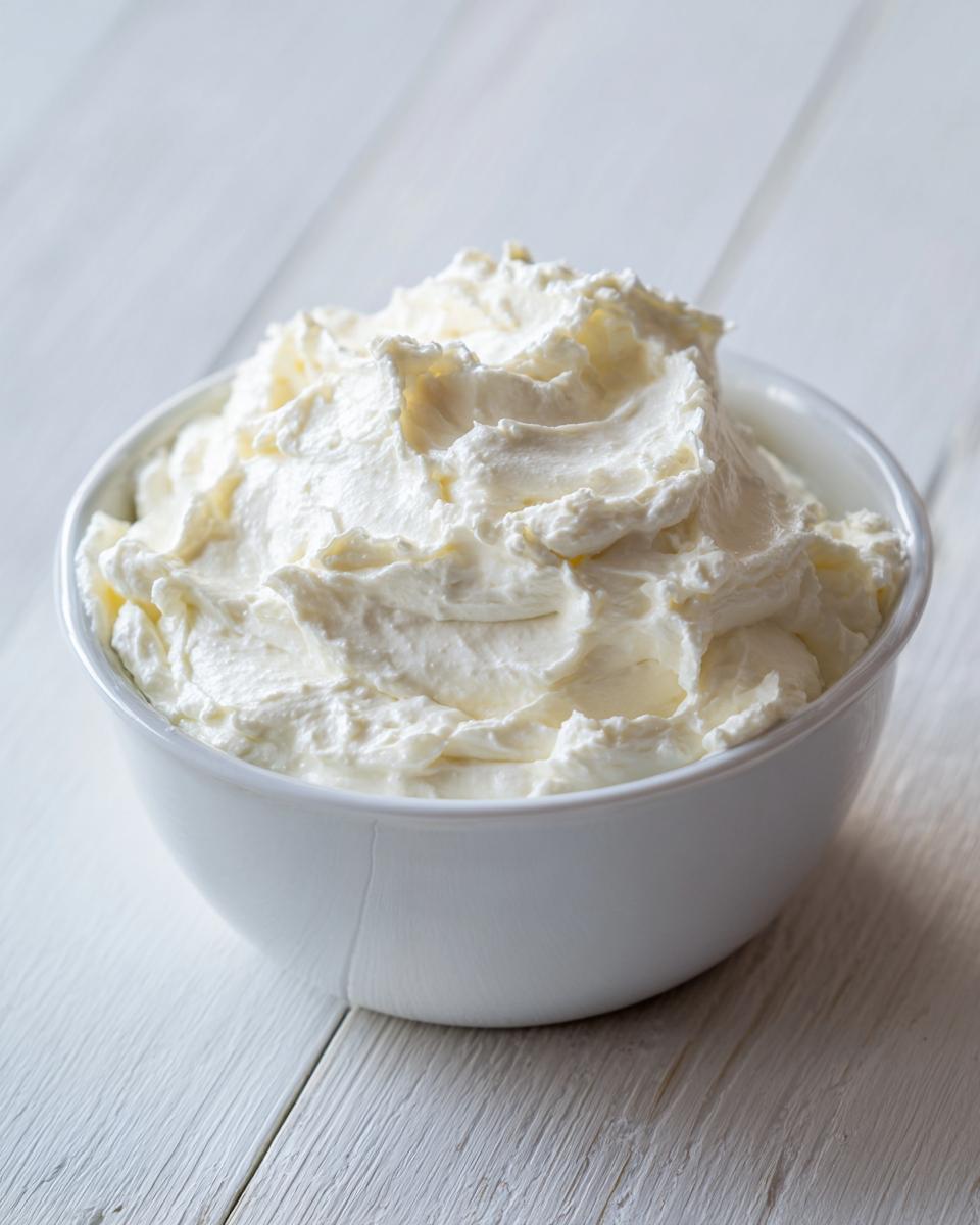 A white bowl filled with fluffy, whipped white cream, likely the base for a bold horseradish sauce.