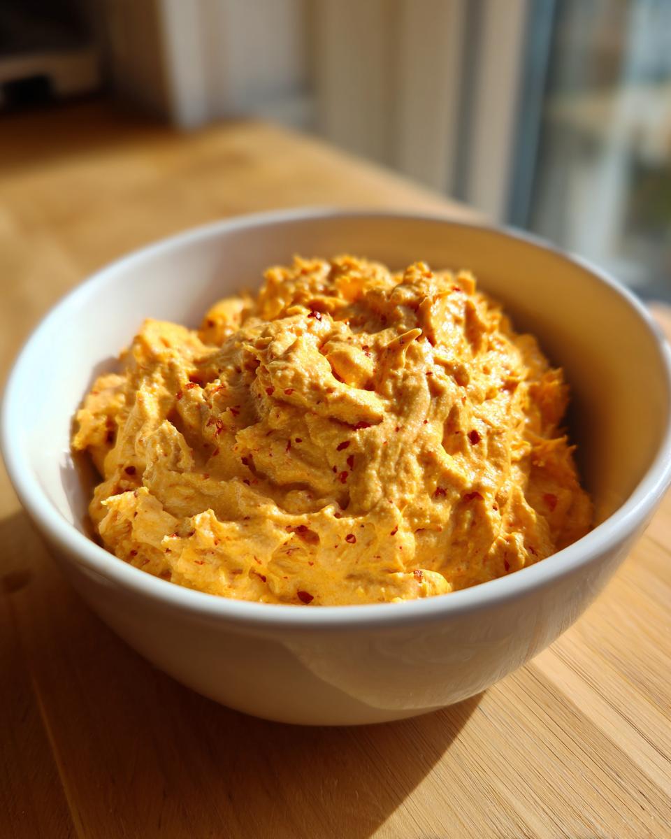 A close-up of thick, orange beer cheese dip speckled with red pepper flakes, served in a white bowl.