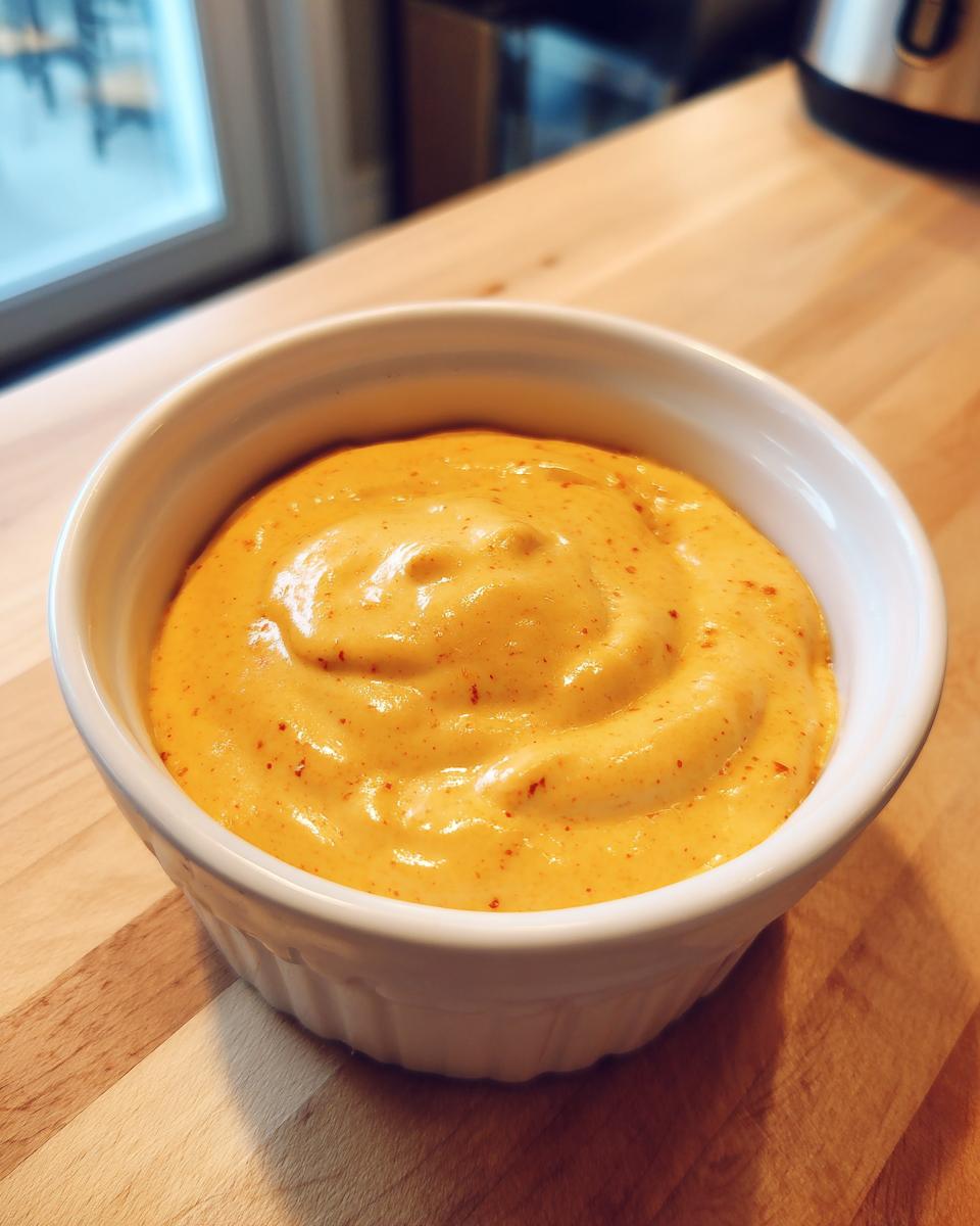Close-up of smooth, orange beer cheese dip with visible spice flecks in a white serving ramekin.