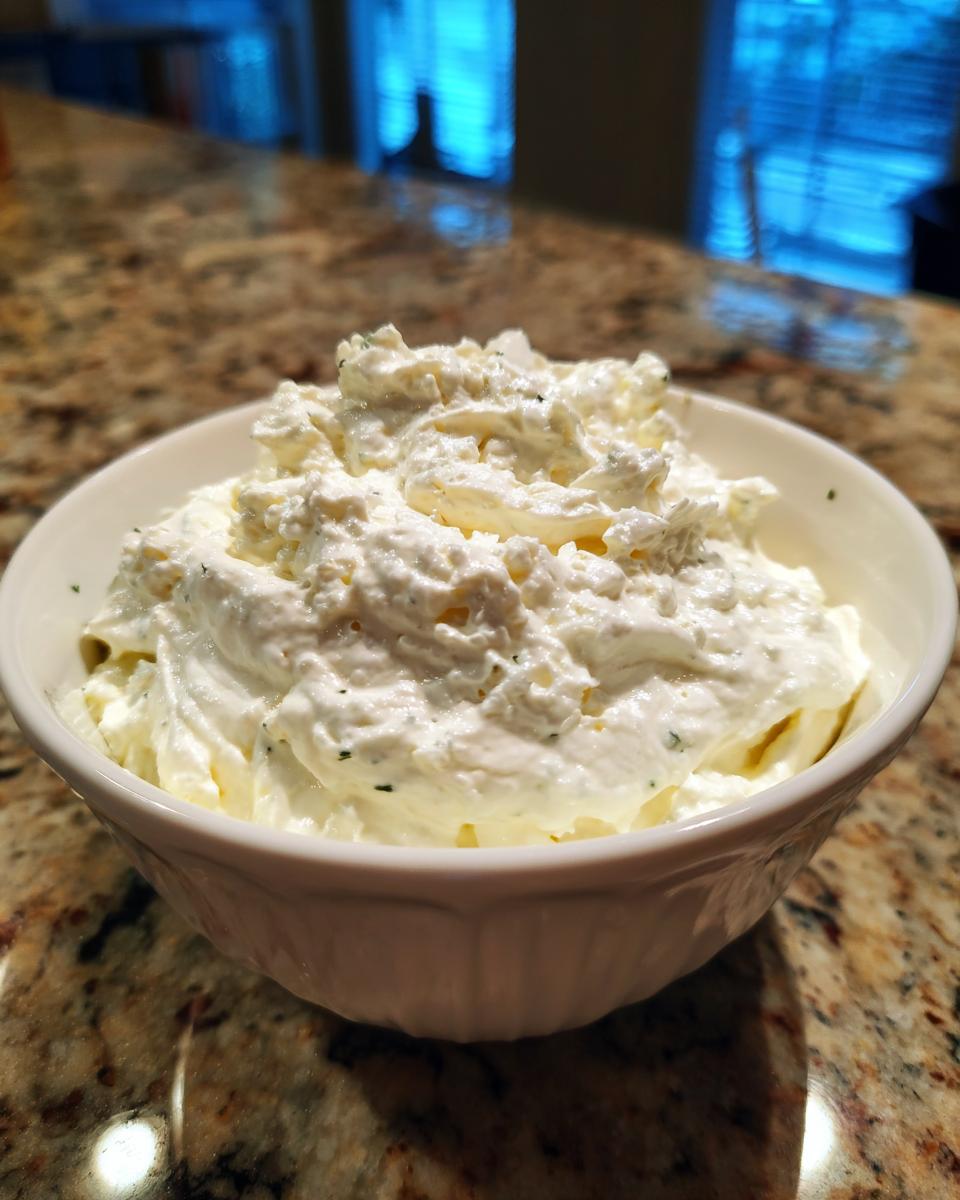 A white bowl filled with thick, creamy blue cheese dip, garnished with specks of green herbs.