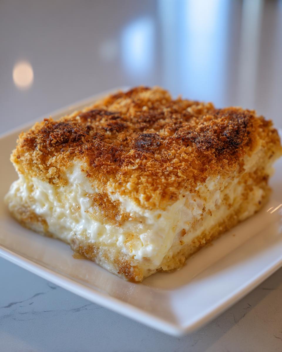 A square slice of creamy casserole with a thick, crunchy toasted topping, likely part of a hot chicken salad recipe.