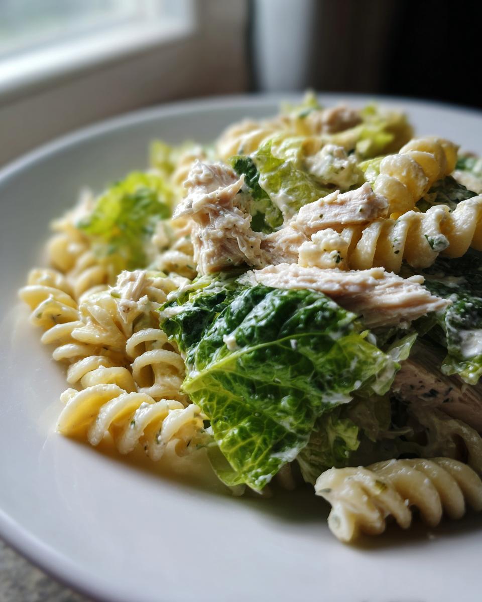 A close-up of a serving of chicken caesar pasta salad featuring fusilli pasta, shredded chicken, and romaine lettuce coated in creamy dressing.