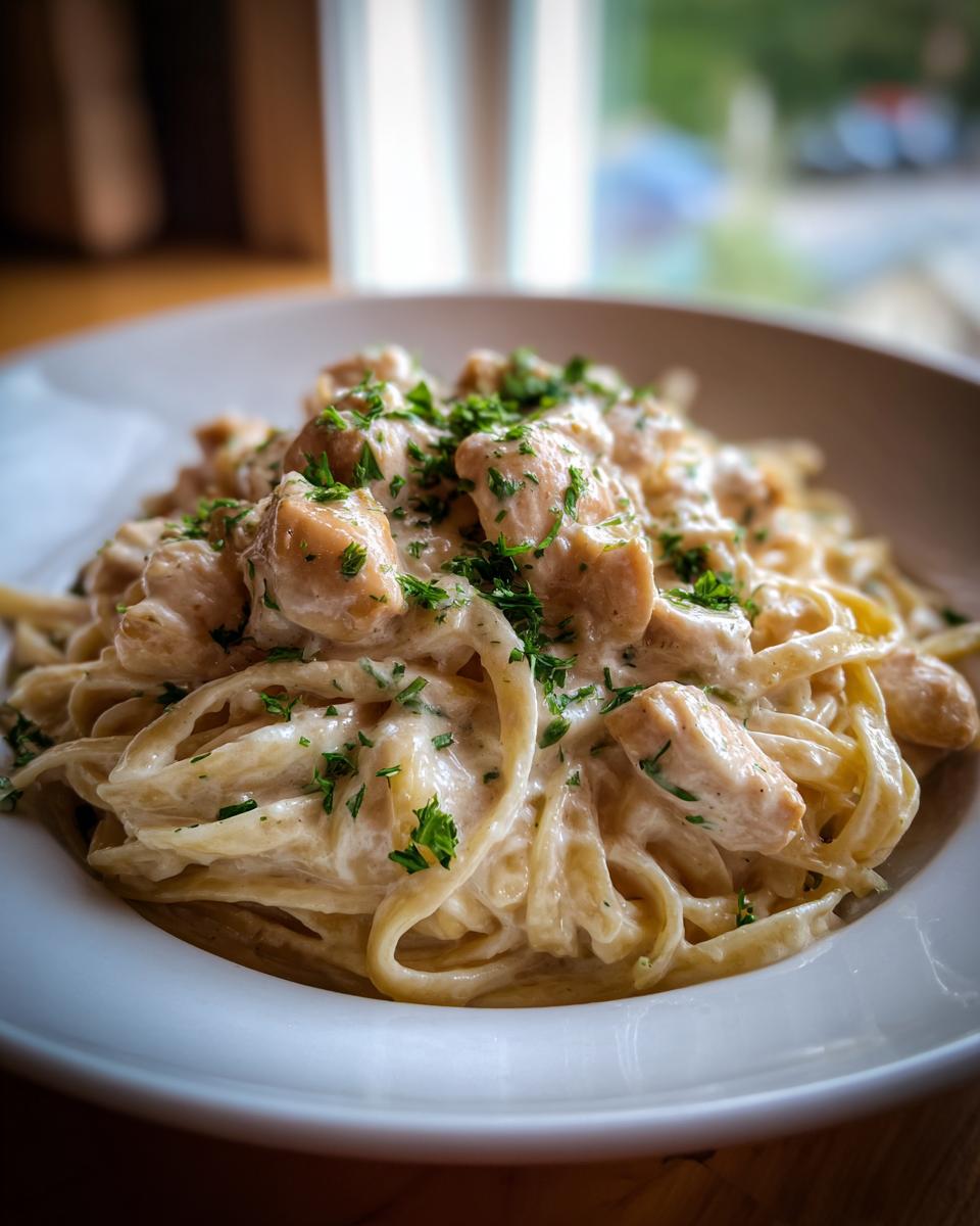 Close-up of a rich chicken fettuccine alfredo dish, generously topped with chopped parsley.