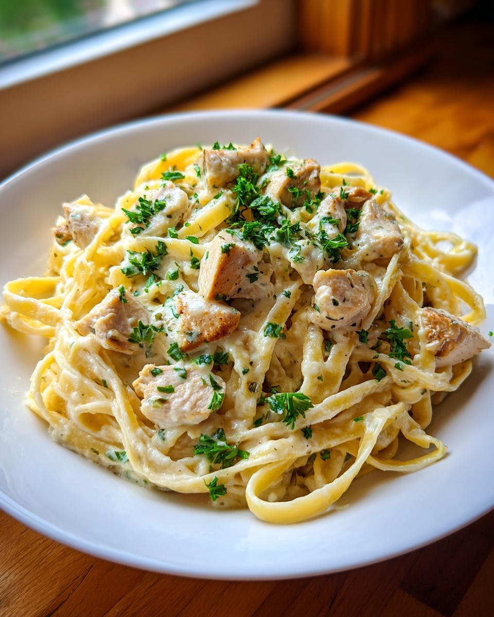 A close-up of creamy chicken fettuccine alfredo pasta topped with chopped parsley in a white bowl.