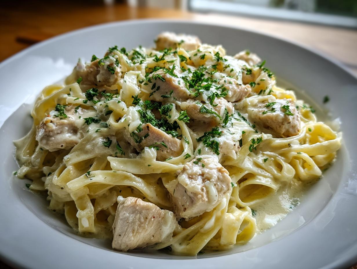 A close-up of creamy chicken fettuccine alfredo pasta topped with fresh parsley, served in a white bowl.