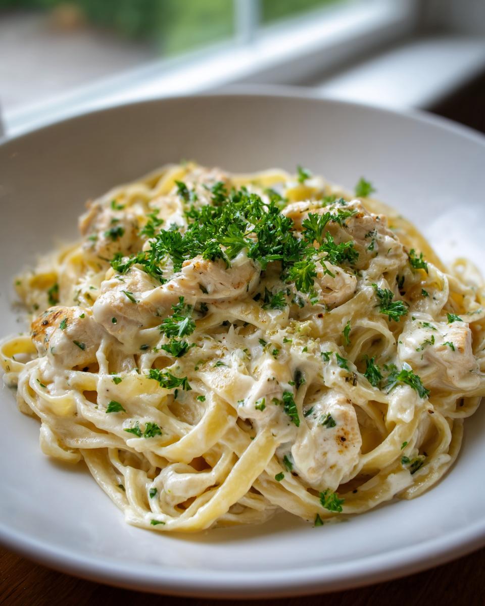 Close-up of creamy chicken fettuccine alfredo pasta topped generously with fresh parsley in a white bowl.