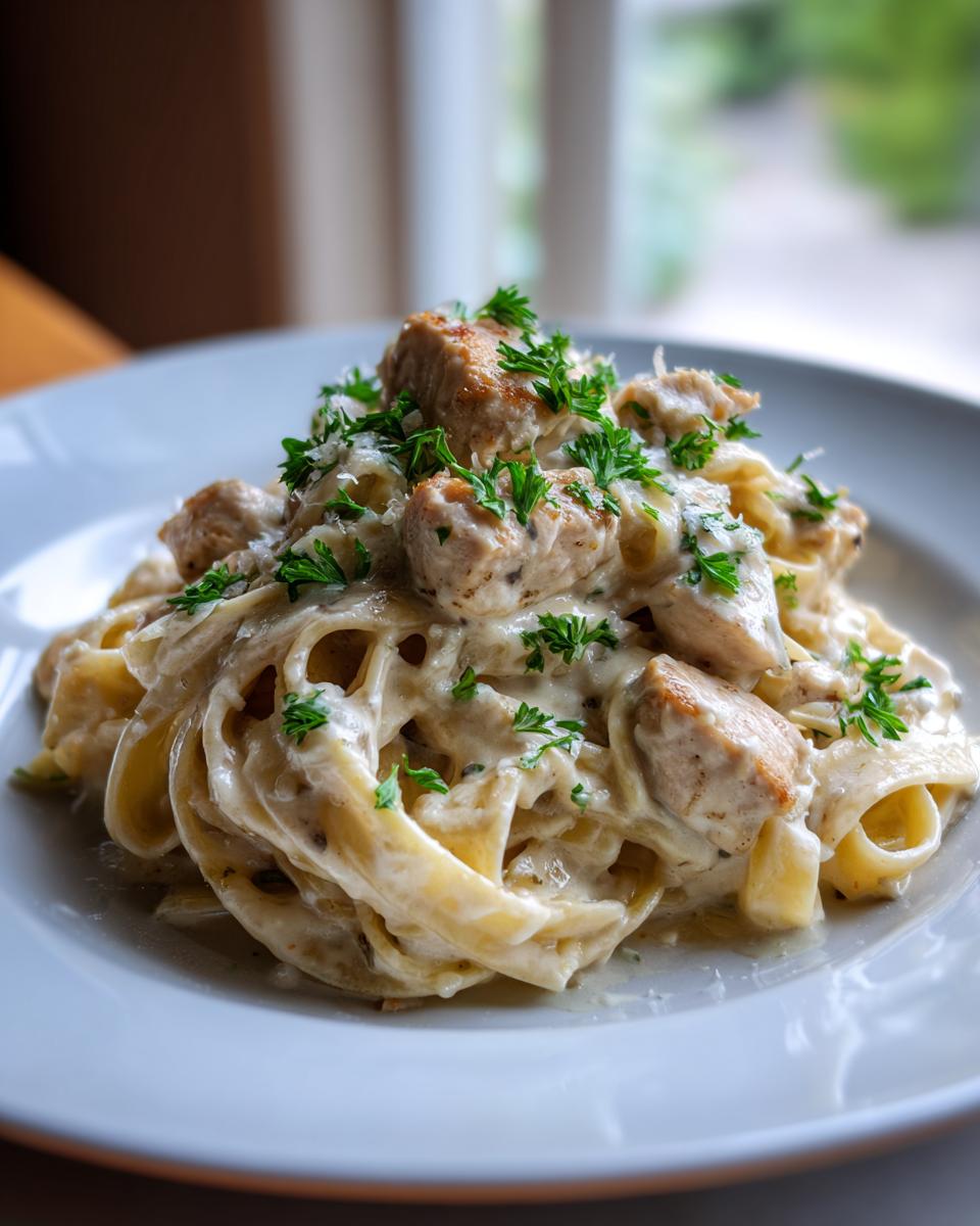 A close-up of a plate piled high with creamy chicken fettuccine alfredo, topped with fresh parsley.