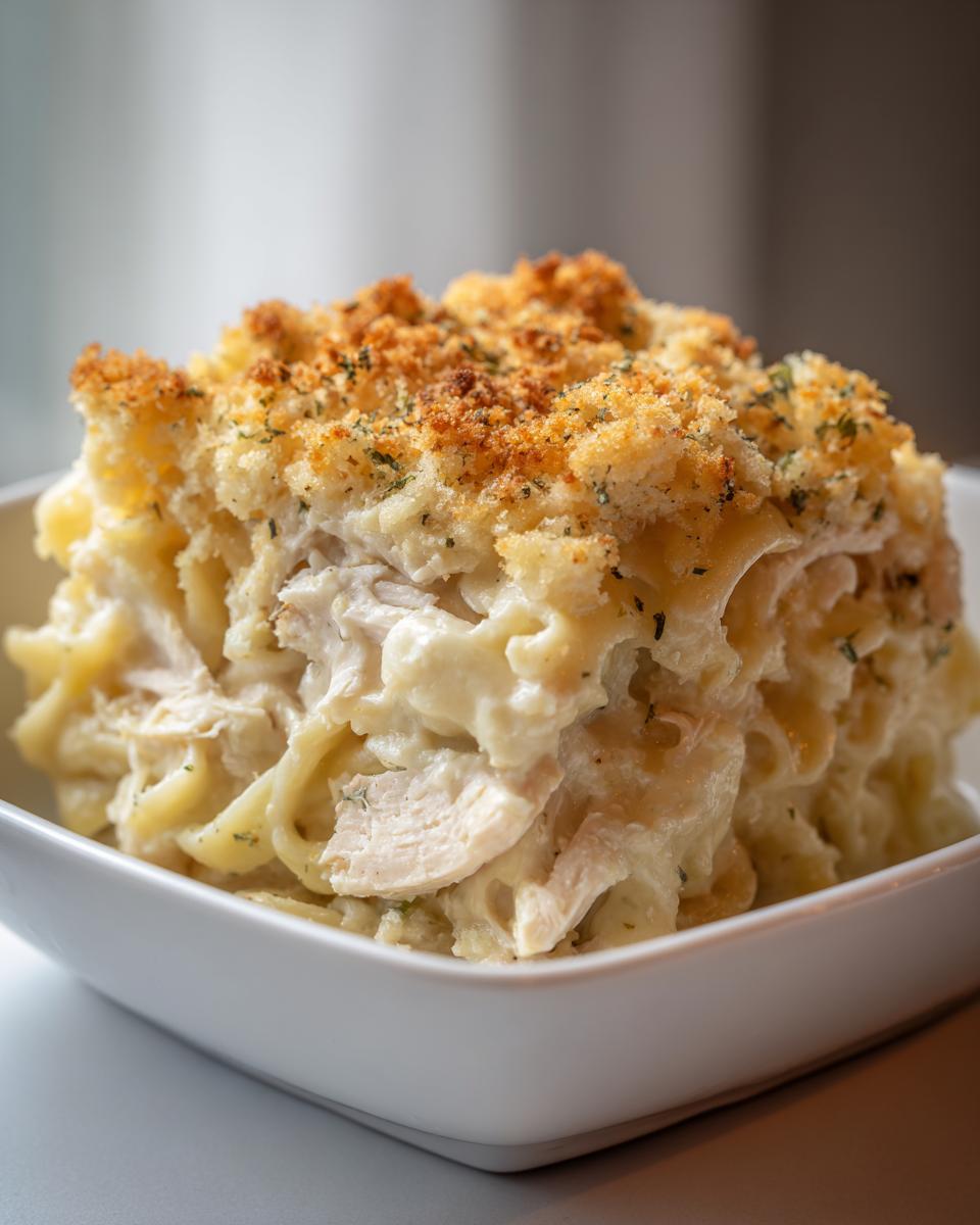 A close-up view of a serving of creamy chicken noodle casserole topped with golden brown breadcrumbs.