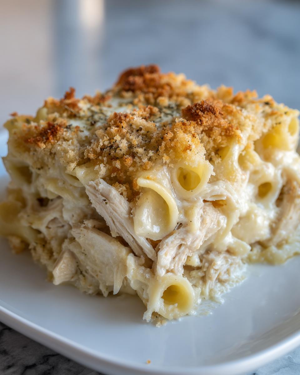 Close-up of a hearty serving of creamy chicken noodle casserole featuring shredded chicken, pasta, and a golden brown breadcrumb topping.