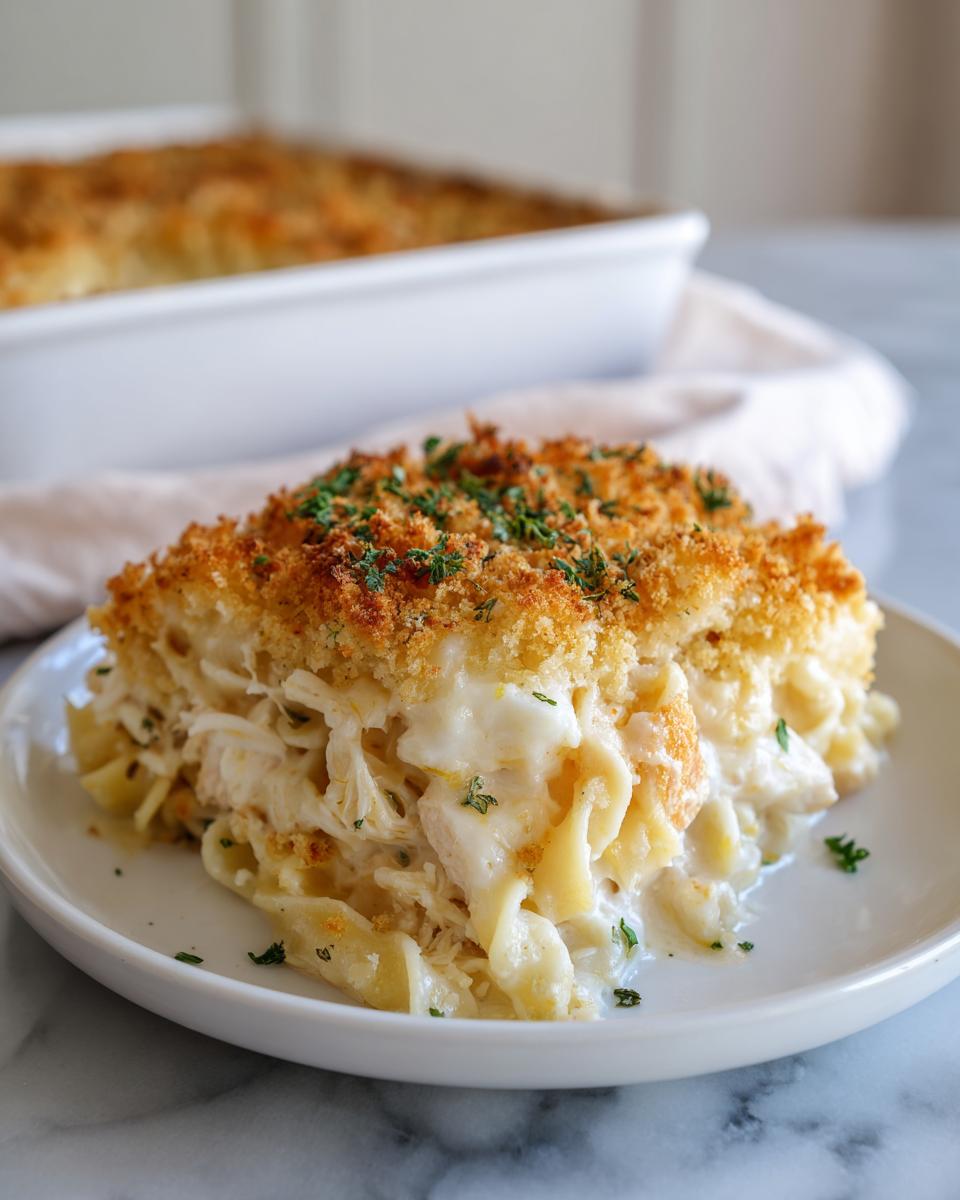A generous slice of creamy chicken noodle casserole topped with golden breadcrumbs and fresh parsley on a white plate.