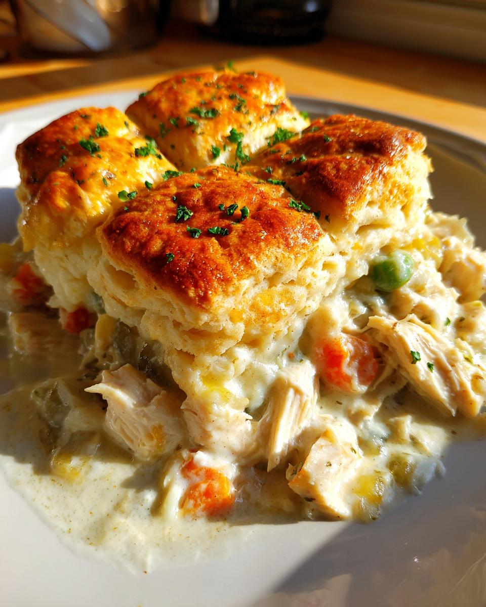 Close-up of a serving of creamy chicken pot topped with four golden, flaky biscuits garnished with parsley.