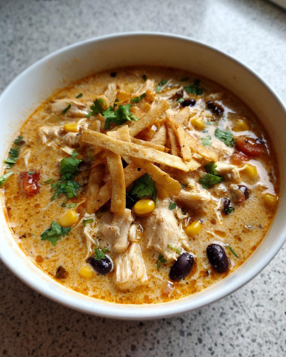 A close-up view of a white bowl filled with creamy chicken tortilla soup, topped with tortilla strips, corn, black beans, and cilantro.