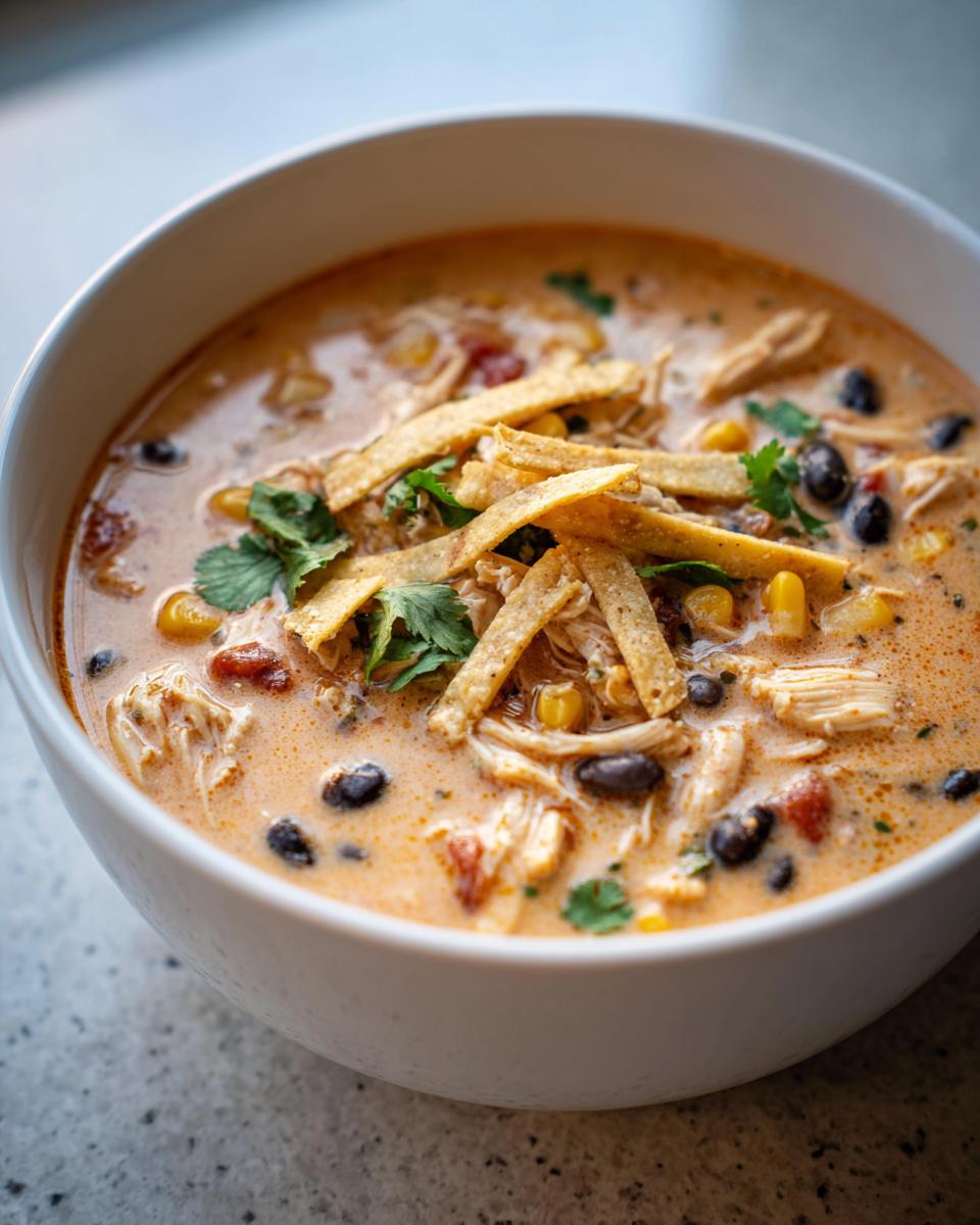Close-up of a white bowl filled with creamy chicken tortilla soup, topped with tortilla strips, black beans, and cilantro.
