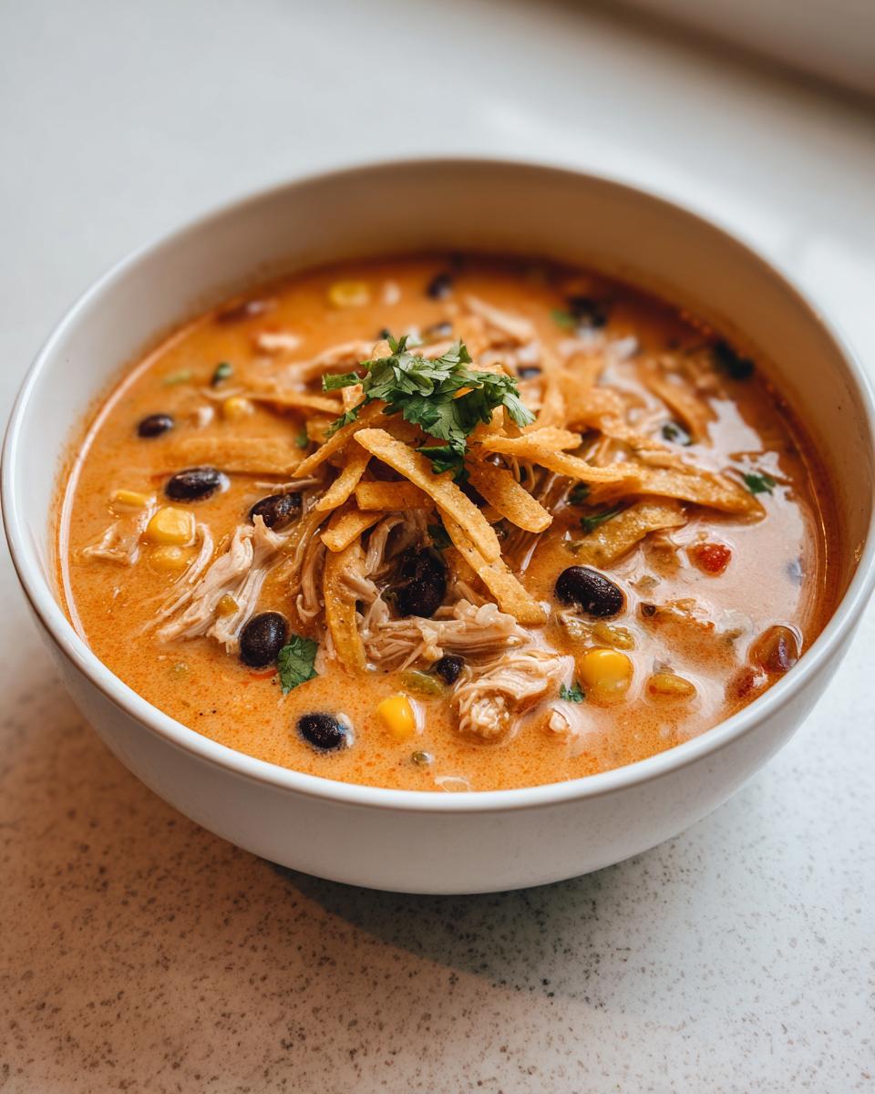 A close-up of a bowl of creamy chicken tortilla soup topped with shredded chicken, black beans, corn, tortilla strips, and cilantro.