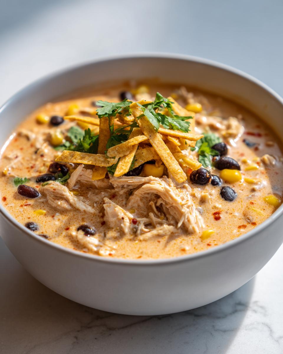 A close-up bowl of rich, creamy chicken tortilla soup topped with shredded chicken, black beans, corn, tortilla strips, and cilantro.