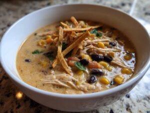 A close-up of a bowl of creamy chicken tortilla soup topped with shredded chicken, corn, black beans, and crispy tortilla strips.