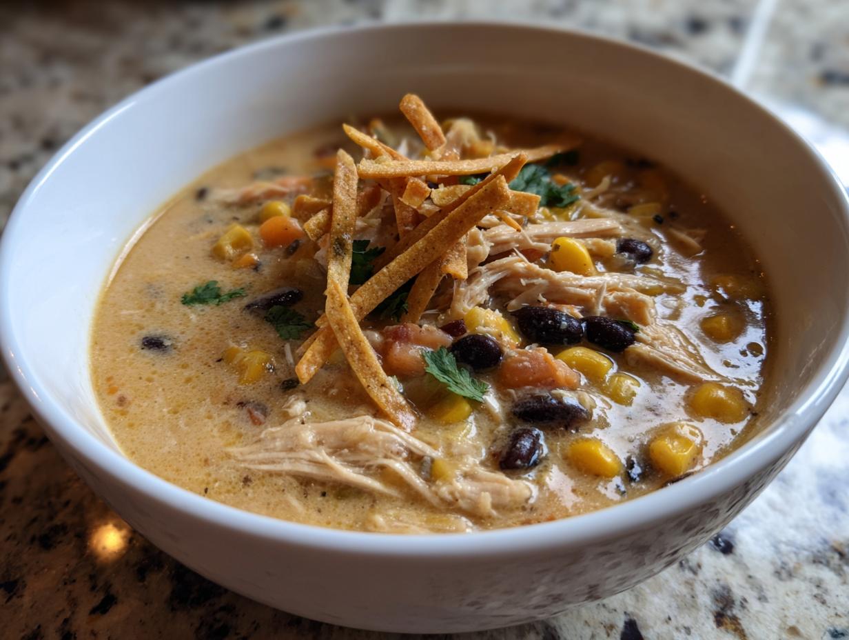 A close-up of a bowl of creamy chicken tortilla soup topped with shredded chicken, corn, black beans, and crispy tortilla strips.