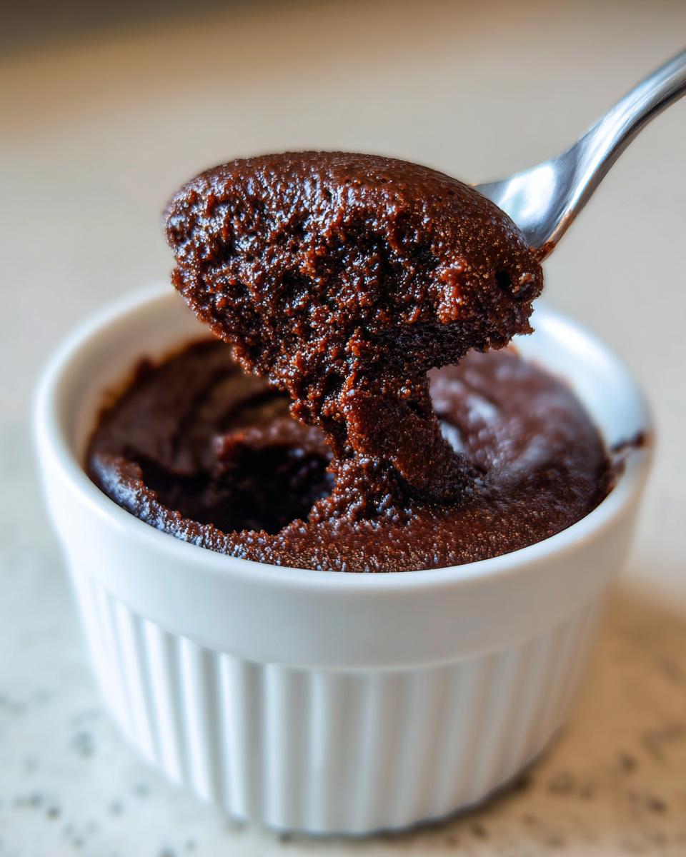 A spoonful of rich, creamy chocolate pudding being lifted from a white ramekin.