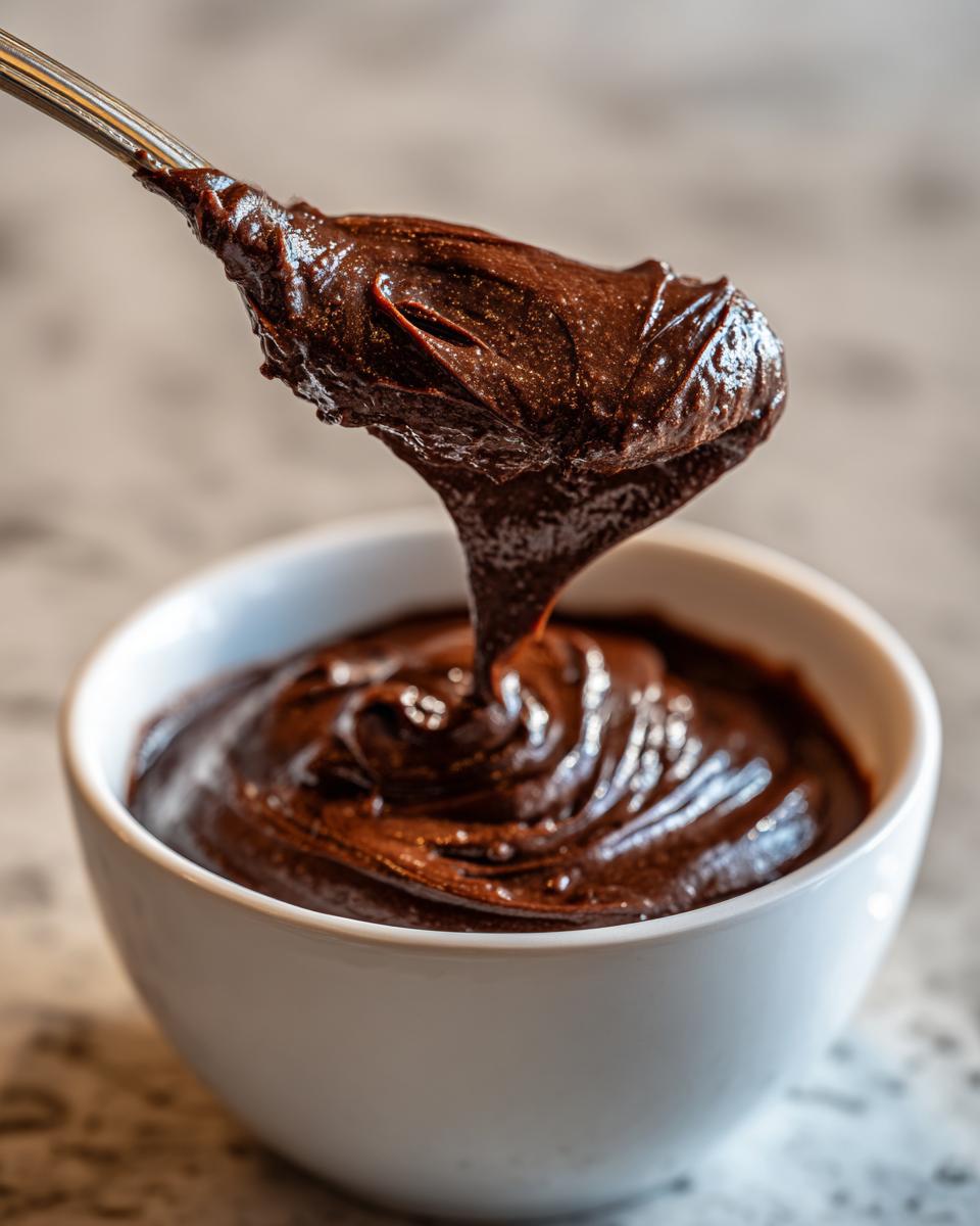 A spoonful of rich, thick chocolate pudding dripping back into a white bowl, showing its creamy texture.