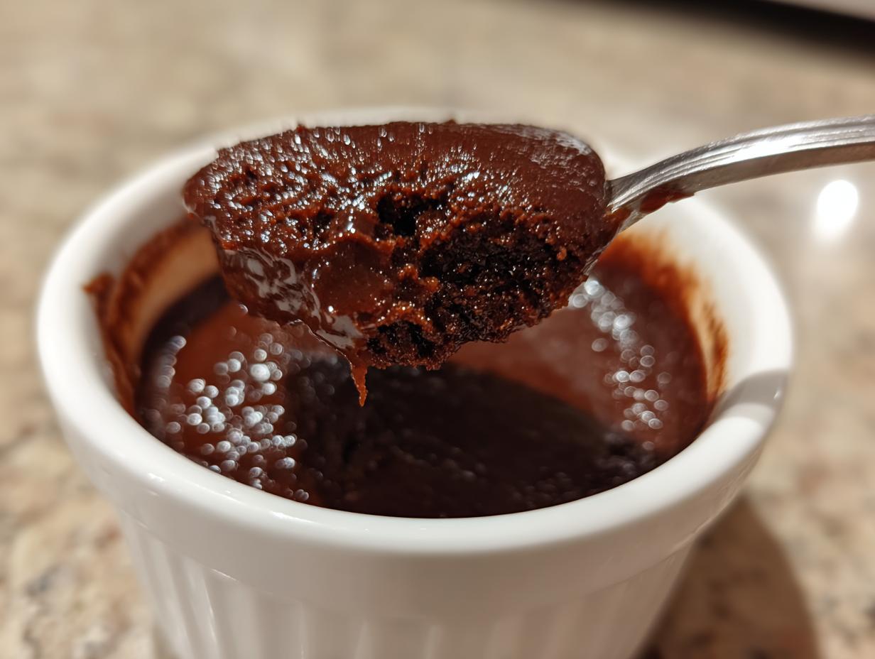 A spoonful of rich, creamy chocolate pudding being lifted from a white ramekin.