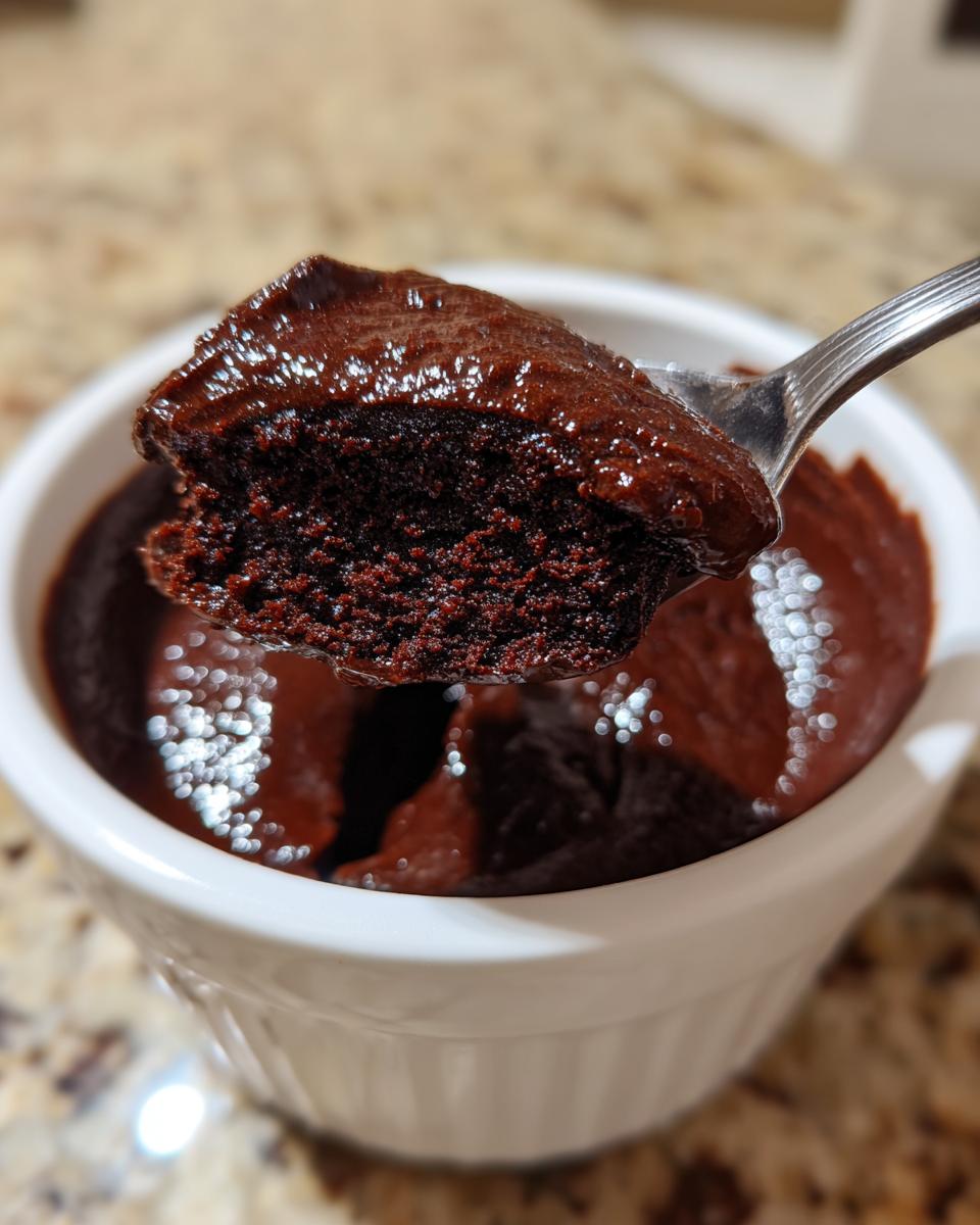 A spoonful of rich, dark chocolate pudding showing its creamy texture, lifted from a white ramekin.