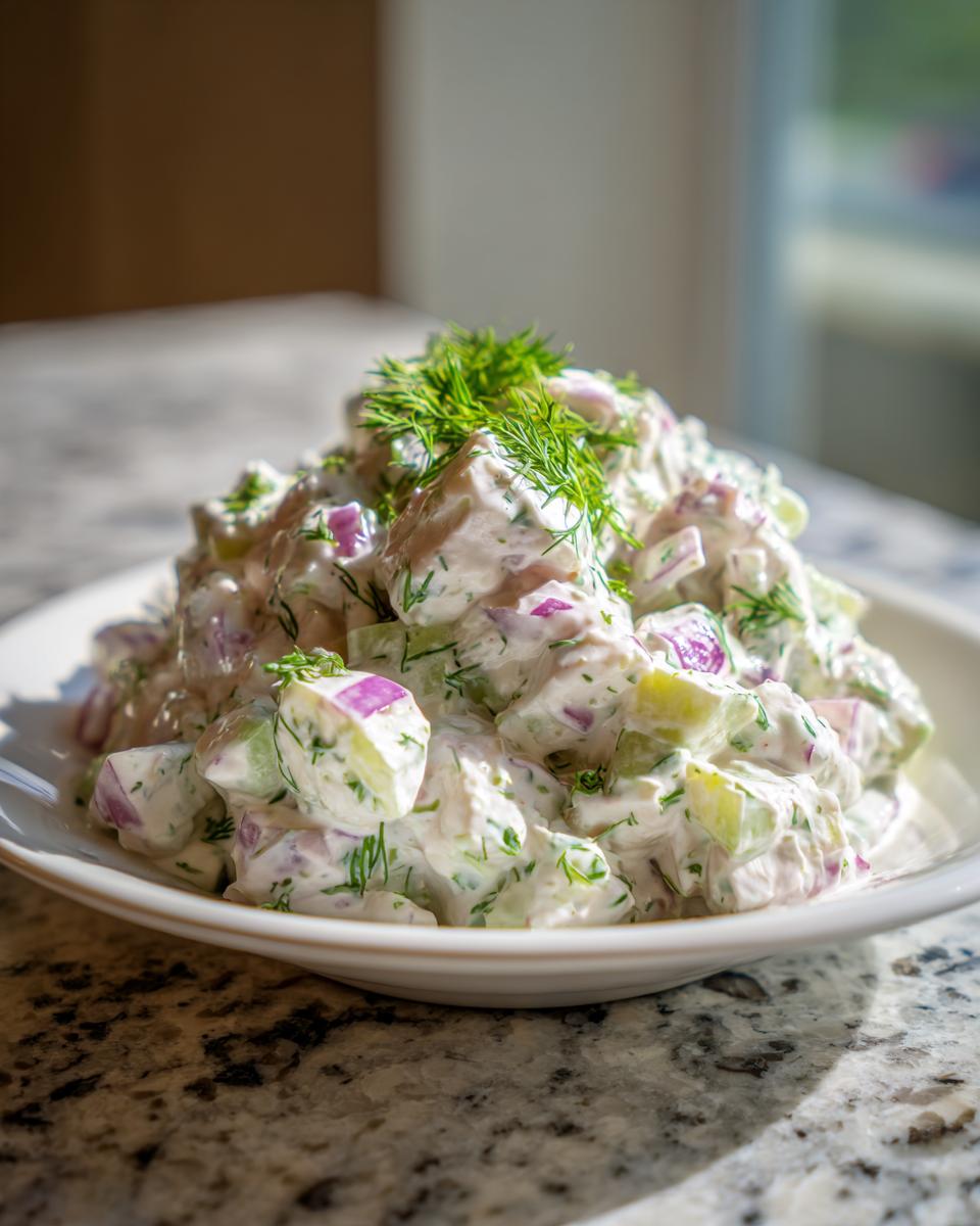 A mound of creamy cottage cheese chicken salad mixed with red onion and cucumber, topped with fresh dill.