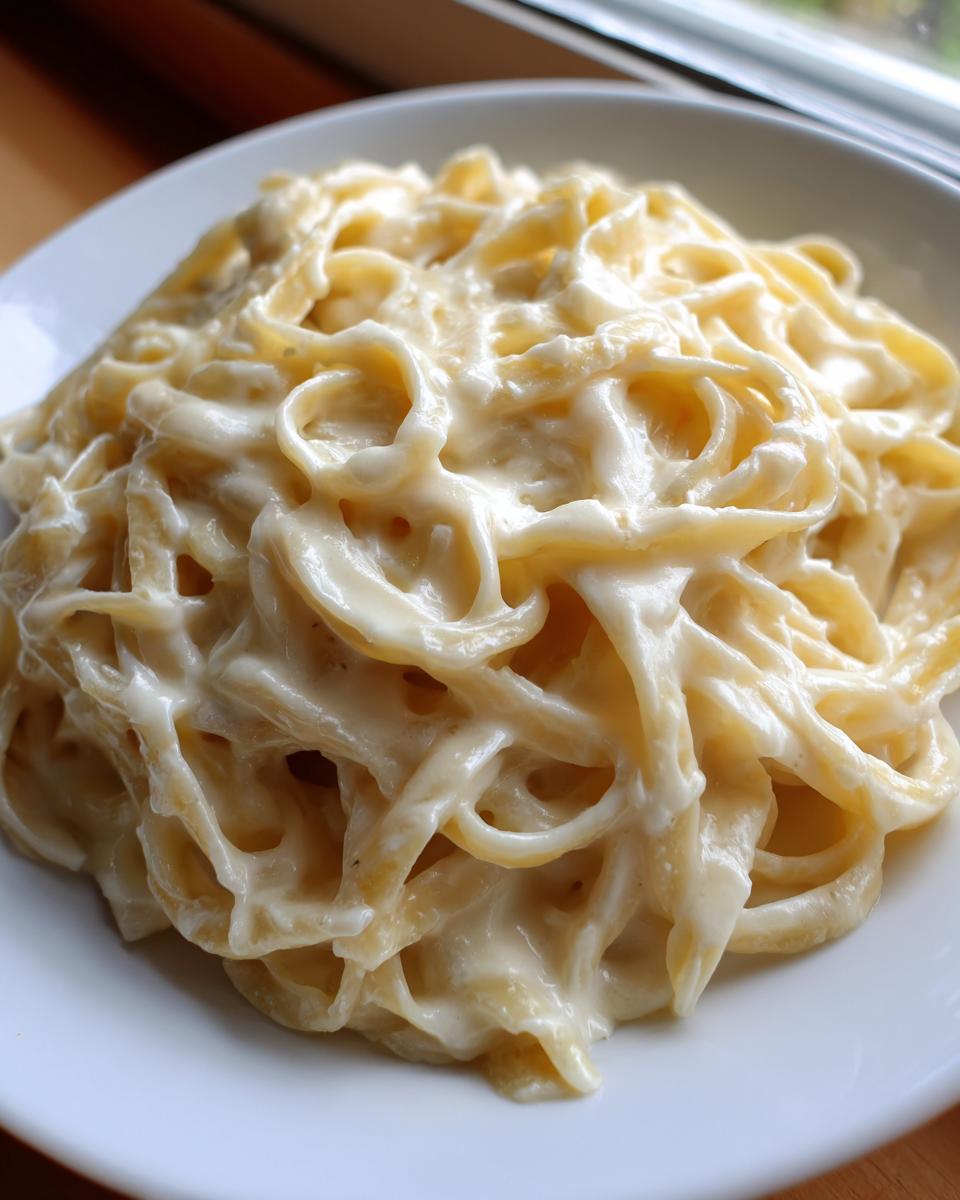 Close-up of fettuccine pasta generously coated in rich, creamy olive garden alfredo sauce.