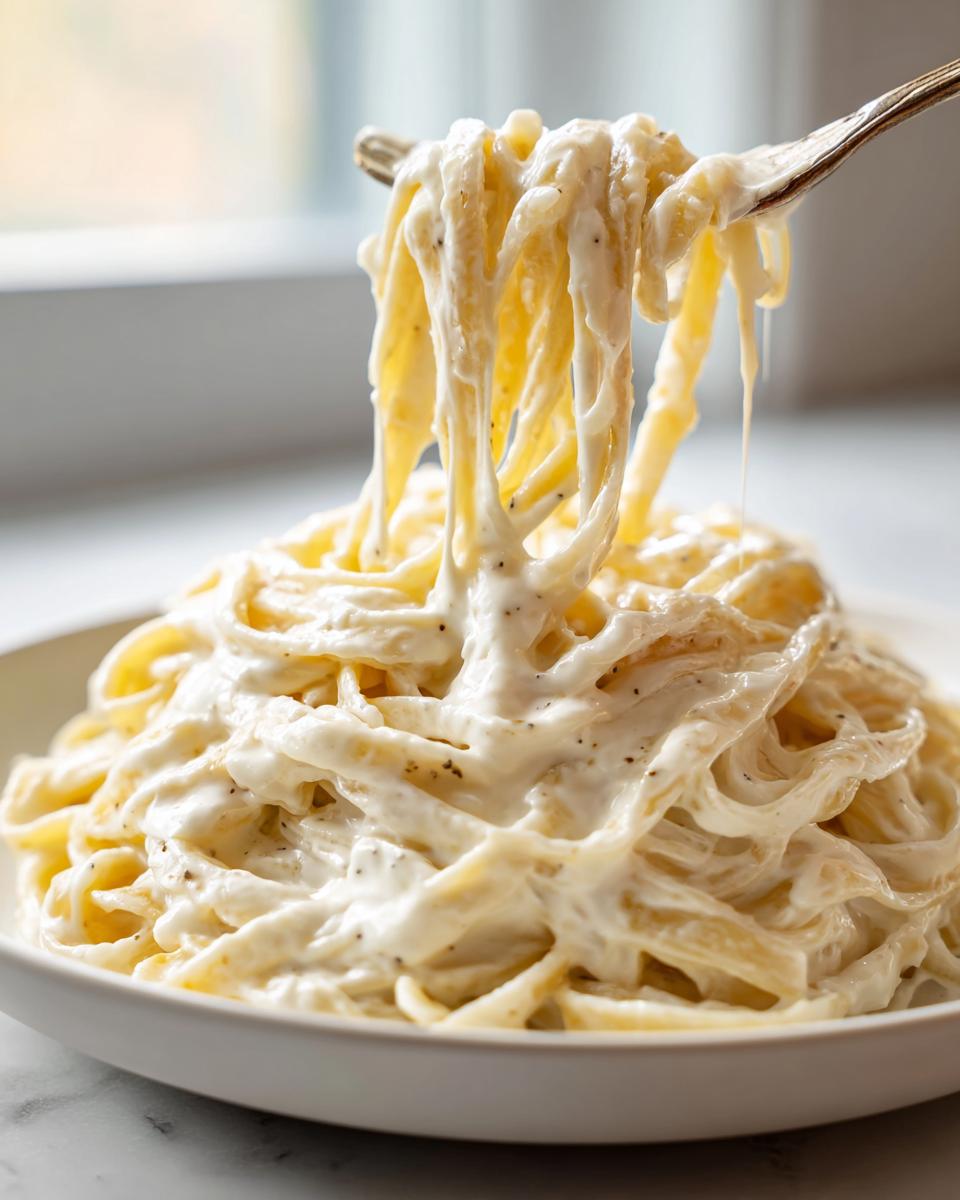 A fork lifts creamy fettuccine pasta coated heavily in rich olive garden alfredo sauce.