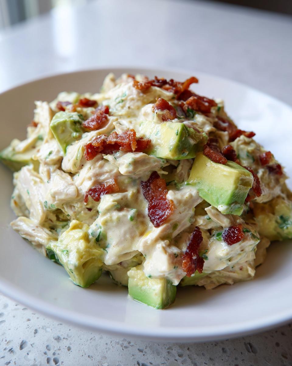 Close-up of creamy honey mustard chicken salad mixed with chunks of avocado and topped with crispy bacon bits.