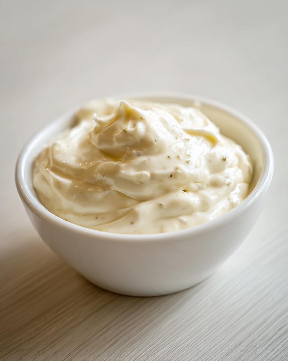 Close-up of creamy, white horseradish sauce swirled in a small white bowl.