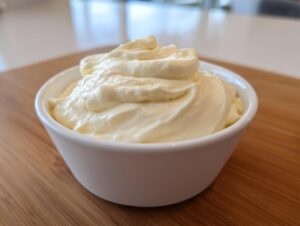 A close-up of thick, creamy homemade horseradish sauce swirled high in a small white bowl.