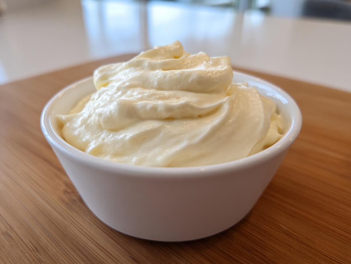 A close-up of thick, creamy homemade horseradish sauce swirled high in a small white bowl.