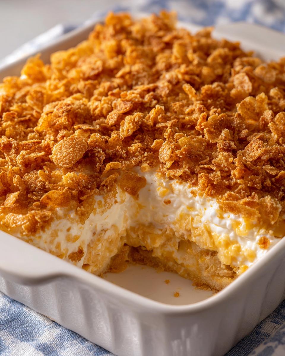 Close-up of a creamy hot chicken salad casserole with a thick layer of golden, crunchy cornflake topping.