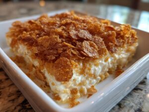 A close-up of a serving of creamy hot chicken salad casserole topped with golden, crunchy cornflakes.