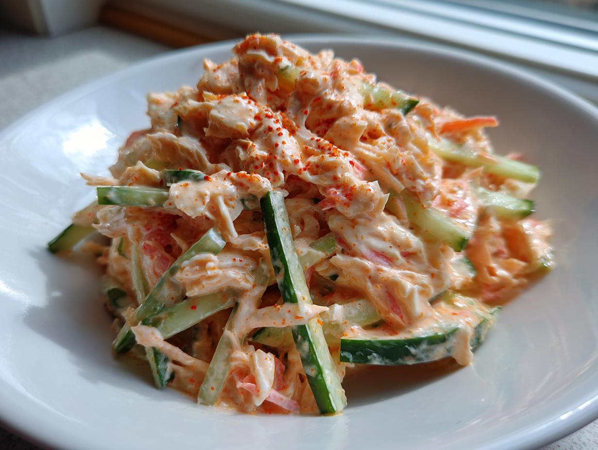 A close-up serving of creamy kani salad featuring shredded imitation crab, julienned cucumber, and a light dusting of spice.