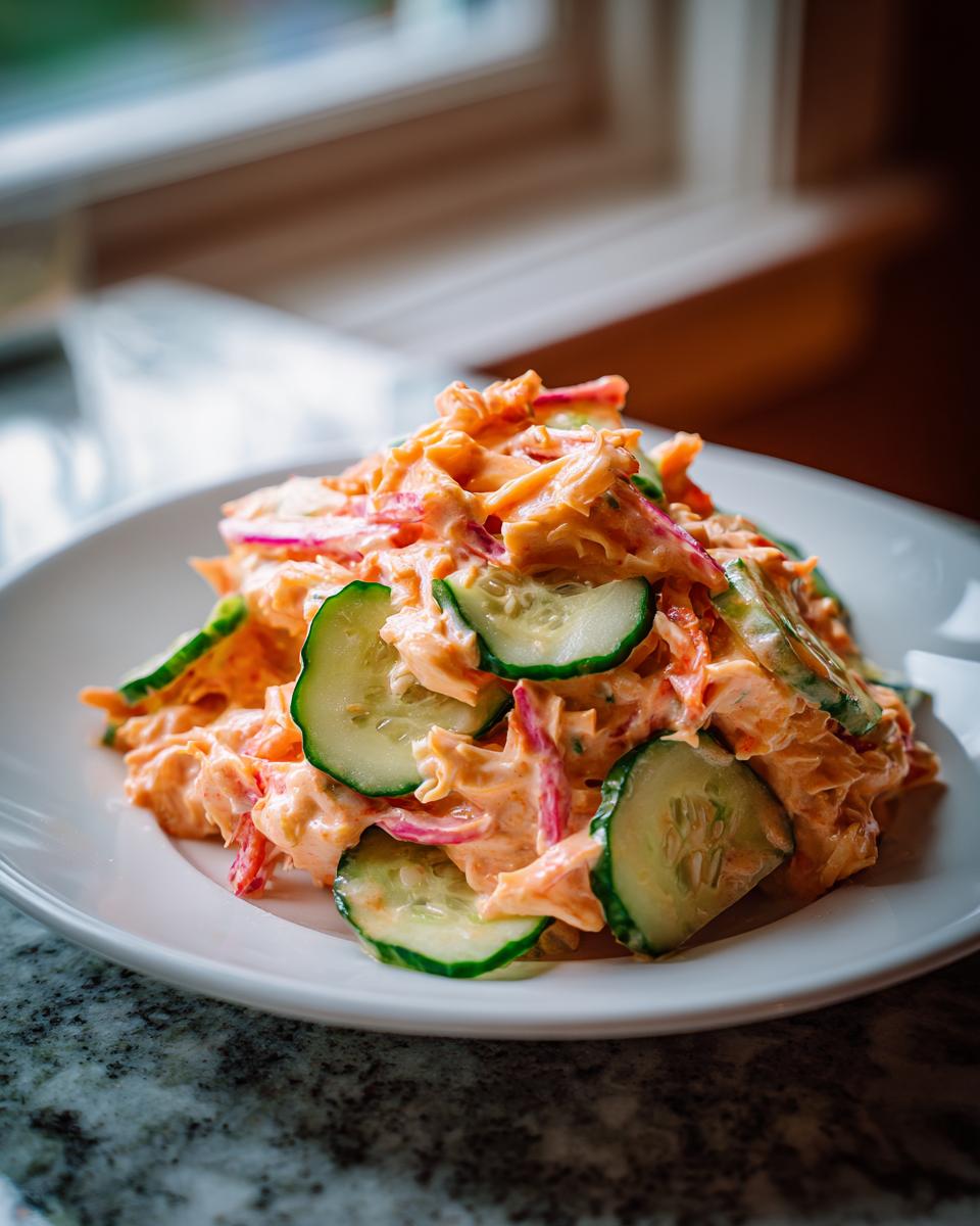 A mound of creamy, orange-tinted kani salad topped with fresh, bright green cucumber slices.