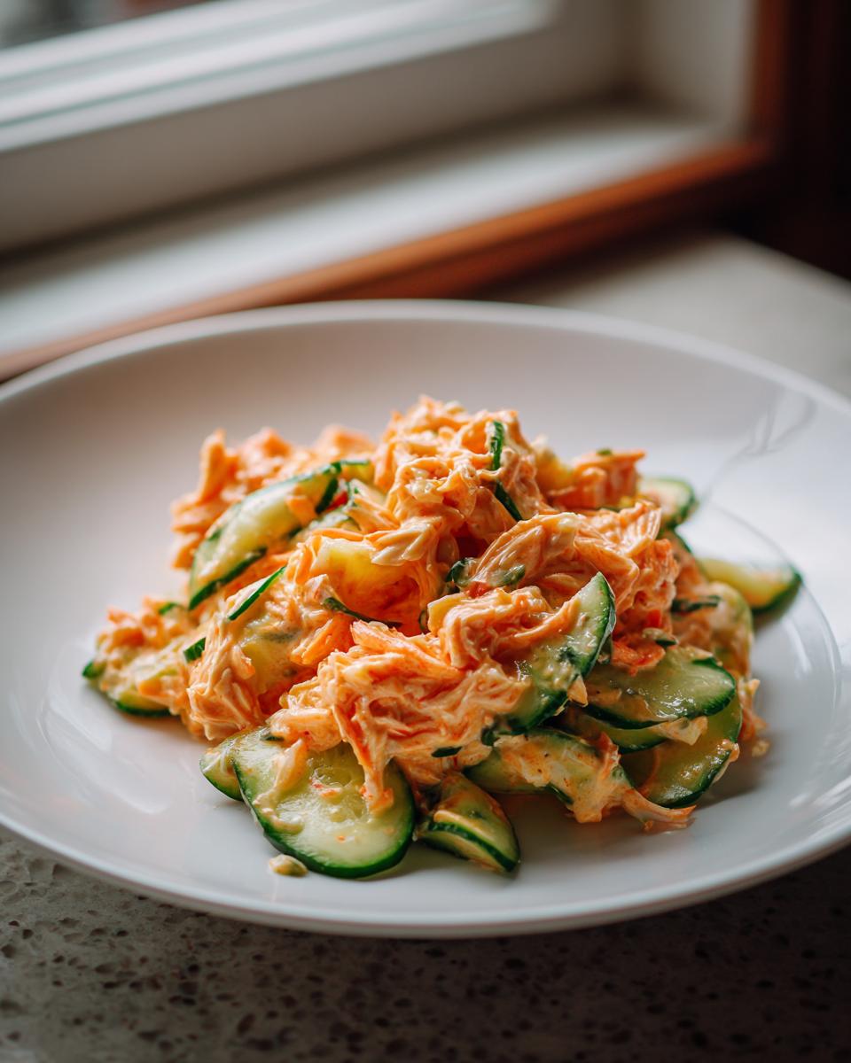 A close-up of creamy, shredded kani salad mixed with thin slices of fresh cucumber served on a white plate.