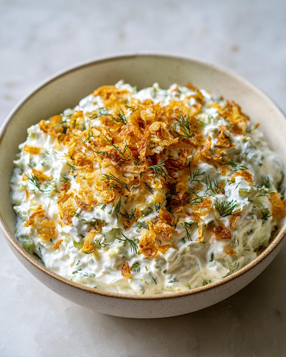 A bowl of creamy pickle dip mixed with chopped pickles and topped generously with crispy fried onions and fresh dill.
