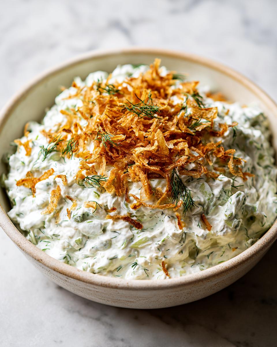 A bowl of creamy, chunky pickle dip garnished with fresh dill and crispy fried onions.