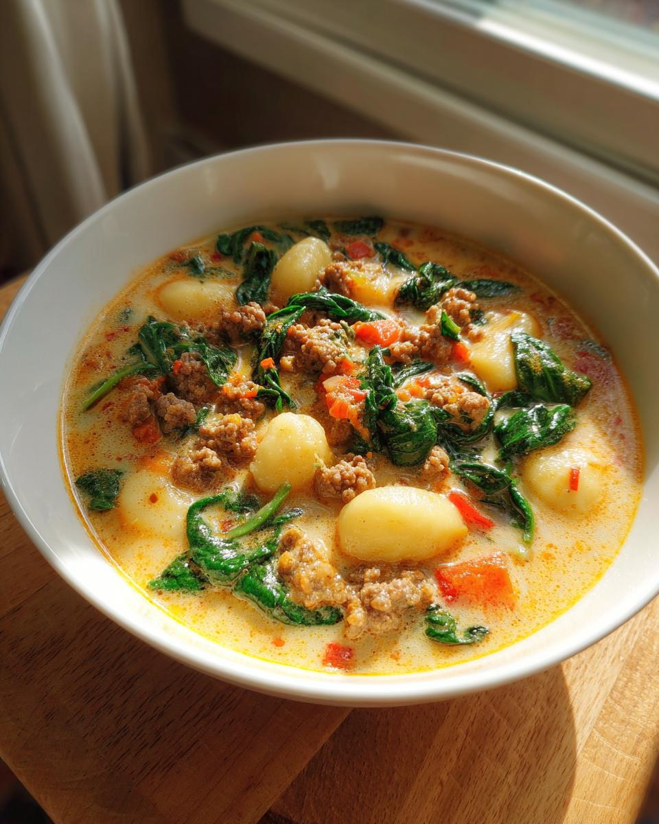 A close-up of a creamy bowl of sausage gnocchi soup featuring tender gnocchi, crumbled sausage, and wilted spinach.