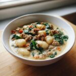 A close-up of a white bowl filled with creamy sausage gnocchi soup, featuring soft gnocchi, crumbled sausage, and wilted spinach.