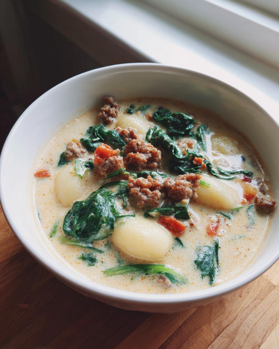 A close-up of a hearty bowl of creamy sausage gnocchi soup with spinach and chunks of sausage.