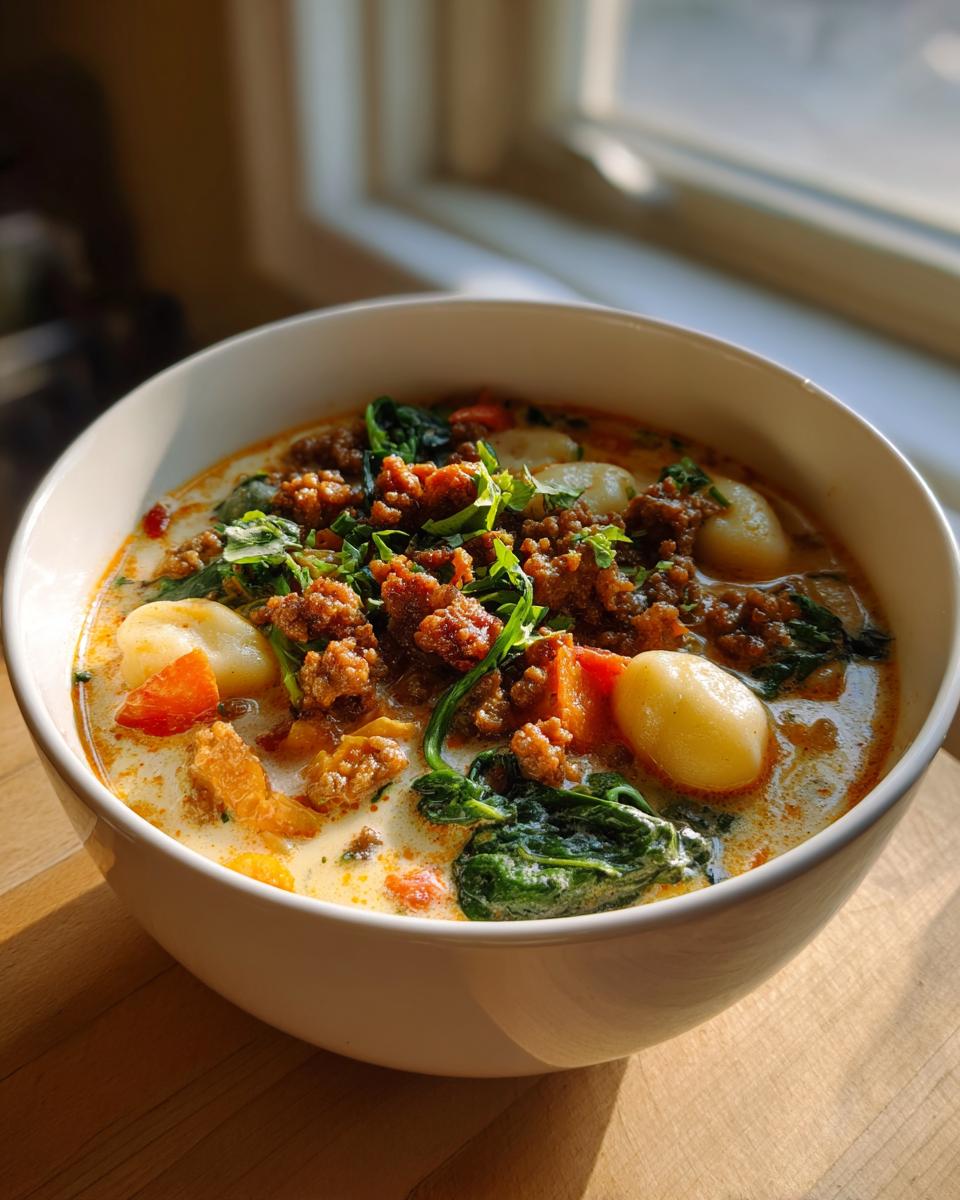 A close-up of a creamy bowl of sausage gnocchi soup, topped with crumbled sausage and fresh herbs.