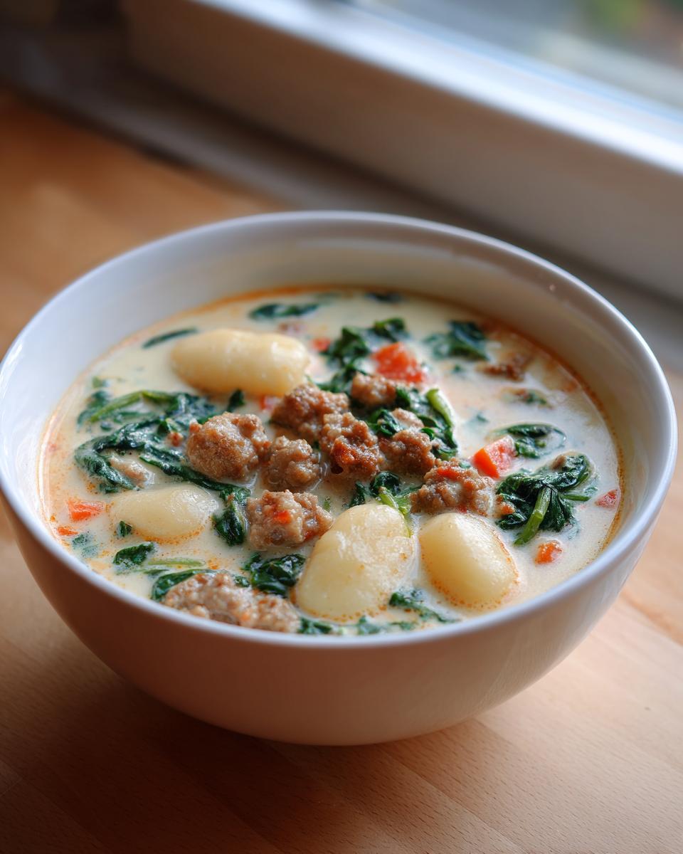 A close-up of a bowl of creamy sausage gnocchi soup featuring sausage crumbles, spinach, and soft gnocchi.