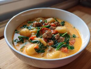 Close-up of a hearty bowl of creamy sausage gnocchi soup with spinach and tomatoes.