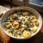 A close-up of a white bowl filled with creamy sausage tortellini soup, featuring tortellini, crumbled sausage, and wilted spinach.