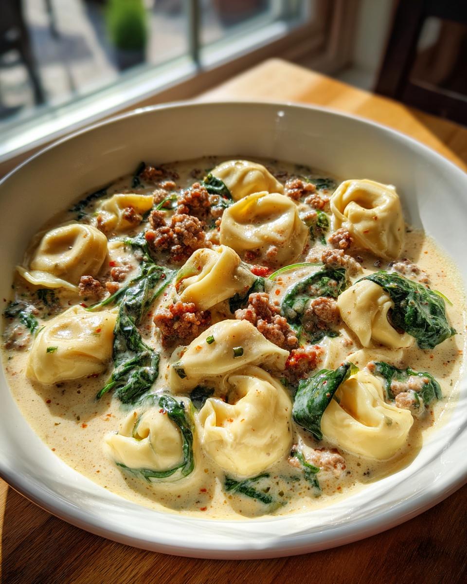 Close-up of a white bowl filled with creamy sausage tortellini soup, featuring pasta, ground sausage, and wilted spinach.